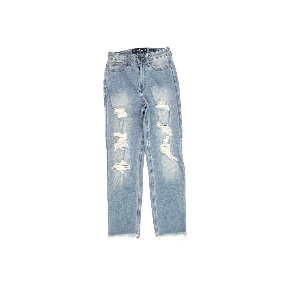 Hollister Ultra High Rise Mom Jean Distressed Raw Hem Women's size 0 Blue Jeans